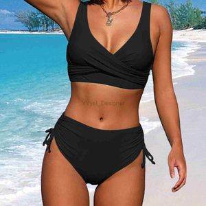 Mutada de banho feminina Sexy Bikini preto Conjunto de roupas de banho para mulheres moda baixa cintura drstring tankini maiô de férias de férias na praia de praia D240429