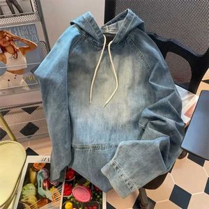 Erkek Hoodies Sweatshirts Retro Denim Hooded Sweater için Erkek İlkbahar ve Sonbahar Moda Gevşek Ceket Yüksek Strt Retro Sıradan Kazak H240429