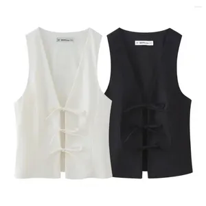 Women's Vests Woman Solid Colour Tie-Front Linen Vest Top Elegant Casual Bow Elastic 2024 Spring Summer Female Commuting Wear