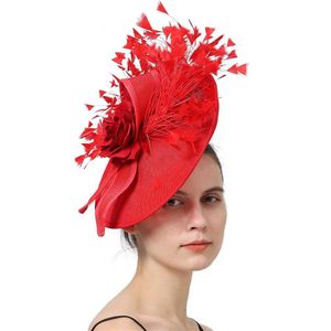 Breda randen hattar hink hattar elegant röd fjäder fascinator bröllop brud hårklippshatt för fest cocktail huvudstycke dam blommor mönster huvudbonad y240426