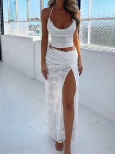 CHRONSTYLE Sexy Women 2 Pieces Summer Outfits Off Shoulder Halter Backless Lace Camis Tops High Split Long Skirts Beachwear 2024 240428