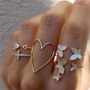 Cluster Rings Boho Vintage Gold Color Heart Geometric Crystal Cross Farterfly Ring Set For Women Fashion Söta trendiga personlighetsmycken