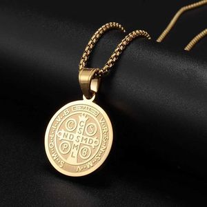 Pendant Necklaces Gold Color Saint Benedict Medal Necklace for Men Women Catholic Church Prayer Religious Jewelry Y240420