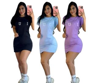 Women Casual Dresses Designer Dress Sexy Letter Print Ribber Mini Solid Color Round Neck Short Sleeve Bodycon Skirt