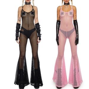 Women's Jumpsuits & Rompers Jumpsuit Sexy Spaghetti Straps Halterneck Backless Sheer See-thouhgh Jumpsuit Clubwear