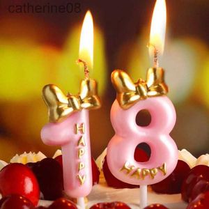 Ljus 1pc Cake Topper Candles Little Bow Glitter Pink Number Candles Happy Birthday Party Memorial Day Fest Cake Decor for Girl D240429