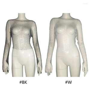 Koszulki damskie Kobiety Rhinestones Fishnet Upraw Top Bindle Body Łańcuch na ciało długie rękawowe koszula