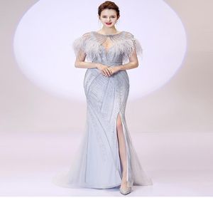 Lyrasue sjöjungfru Silver Dropping Feather Jewel Luxury Full pärlor Shinning Zipper Back Elegant Formal Evening Dresses Prom Dresses 7014677