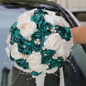 Wedding Flowers JaneVini 2024 Dark Green Ivory Bridesmaid Bridal Bouquets Pearls Artificial Satin Roses Fake Bouquet Accessories