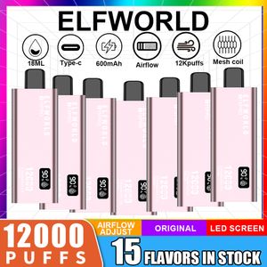 Oryginalny Elfworld 12000 Puffs Djeńcowy Vape 18ml z akumulatorami i ejuice wyświetlacz LED Ekran LED 16 Smaki 12K 7000 Puff E papieros 9000 Pro