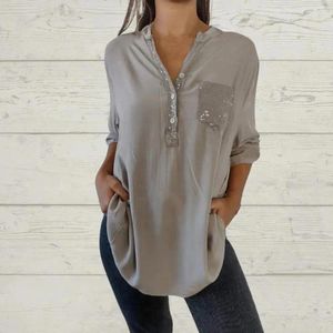 Women's Blouses Women Solid Color Shirt Sequins Stitching Stylish V-neck Sequin With Patch Pocket Long Sleeve Casual