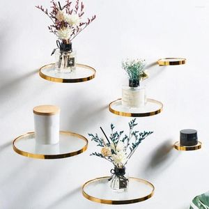 Płyty dekoracyjne złotą szklaną półkę stojak Kreatywny kutego żelaza na ścianie okrągłe pływające półka wazon wyświetlacza organizator biuro