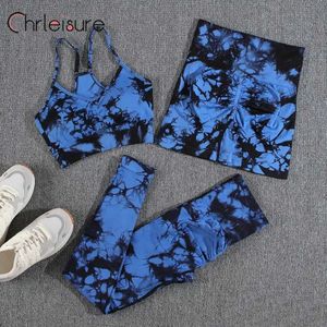 TRABALHOS FEMANOS CHRELISURE 1/2/3 PCS Definir fitness de impressão de tie-dye sem costura com sutiã de sutiã de push up shorts de ginástica