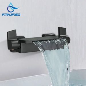 Set Fmhjfisd Matte Black Bathtub Spout Concealed Waterfall Bathtub Shower Faucet Wall Mounted Tub Mixer Tap Brass Bathroom Accessory