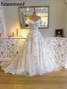 Floral Printing A-line Wedding Dresses Off The Shoulder Pleat Bridal Gowns Robe De Mariee