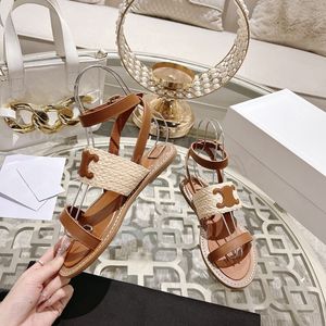 Lympia Flat Slides Raffia Sandals Lympia مزينة بحزام الكاحل المفتوح المصمم الفاخر للنساء