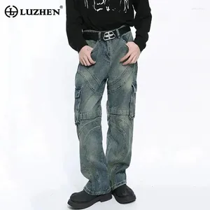 Men's Jeans LUZHEN Color Large Design Pockets Casual Patchwork Male Denim Wide Leg Pants High Street Straight Trousers 9C4949