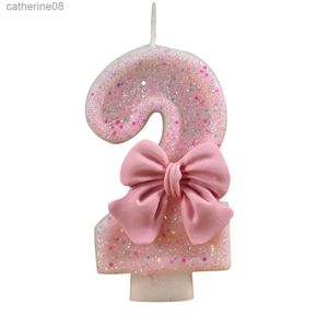 Velas P16E Número 3D Bolo Decorating Celles Glitter Pink Bow Digital Candles Digital Cake Topper Birthday Party Memorial Day Bolo Decoração D240429
