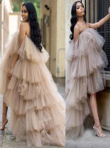 2021 Champagne Sexy Ruffles Tulle Kimono Women Evening Dresses Wear Robe for Poshoot Puffy Strapless High Low Prom Gowns Africa1215980