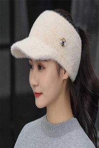 Woman Girl Mink Hair Visor Cap Bee Knitted Autumn Winter Hat Solid Color Elastic Cycling Running Golf Empty Top Cap 2111225206180