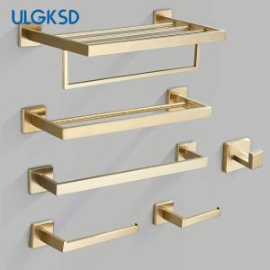 Set Brushed Golden Bathroom Hardware Set Bathroom Accessories Stainless Steel 60cm/40cm Bathroom Towel Racks Nail Installation Shelf