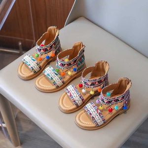 Sandals Girls Gladiator Sandals Ethnic Chinese National Sandals 2024 Summer Kids Beach Shoes Embroidery Zipper Open Toes Princess Korean