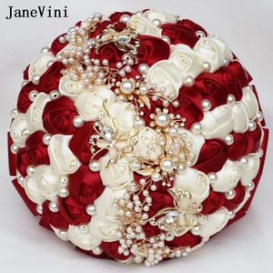 Wedding Flowers Janevini Burgundy Bouquets Pearls Ręcznie robione satynowe róże broszka małżeństwo kryminal ślubny ślubny bukiet