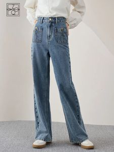 Ziqiao 100% bomull Retro raka mopping jeans för kvinnor Autumn Highwaisted Thin Hipcovering Long Byxor kvinnliga 240416