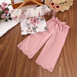 Kleidungssets 4-7 Jahre Kleinkind Girls 2pcs Sommeroutfits von Schulterblumendrucktops Weitbein Hosen Set Kids Mode Kleidung