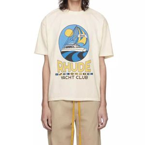 Yüksek kaliteli orijinal rhuder tasarımcı tişörtleri yüksek sokak yelken kulübü slogan boş zamanlar gevşek kısa kollu yuvarlak boyun tişört