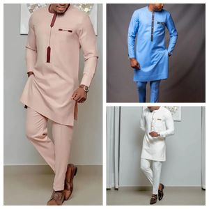 Kaftan Elegant African Mens Set 2 Pieces Outfits Long Sleeve Ethnic Tops and Pants Full Luxury Mens Suit Wedding Men Clothing 240412