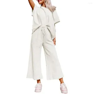 Women's Two Piece Pants Lightweight Women Top Set Casual Two-piece With Short Sleeves Drawstring Waist Side Pockets For Everyday