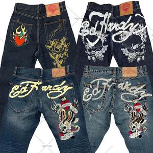 European och American Style Street jeans manliga y2k tryckt hiphop hög midja rak retro lösa breda ben byxor denim byxor 240425