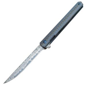 Gift Blue Edge Damascus Steel Tea Knife Fruit Paring Knife Outdoor Camping Survival Pocket Knife with Carbon Fiber Handle