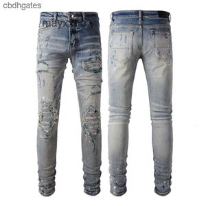 Craft Leather Mens Quality Mens Demin 2024 Purple Jeans Heavy Jean Fashion Washed Perforated Vuwe Amiirii High Inw6