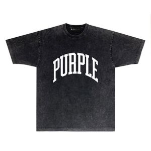 Маленькая модная новая фиолетовая бренда Pur079 Сплошная изогнутая печать писем Старая футболка с коротким рукавом R110W106 Мужчины и женщины Свободная футболка для спортивной фитнеса Fitness