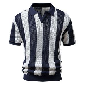 Summer Polo Neck Mesh Hollow Short Sleeve Fishing Net Trendy Men's Striped Polo Shirt Europeisk storlek