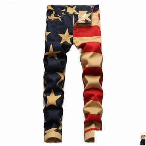 Mäns jeans män amerikansk flaggtryck fi stripe stjärnor digital tryckt färg denim byxor smala stretch blyertsbyxor 29pw droppleverans dh3gr