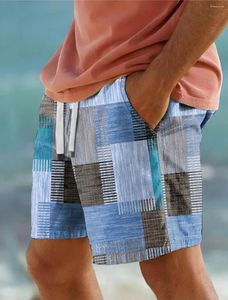 Shorts masculinos Plaid Color Block Resort 3D Board de geometria impressa Troncos de natação elástica prato de férias no estilo havaiano elástico