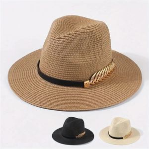 Unisex halm strand hatt platt grim jazz sol hattar monokromatiska klassiska män kvinnor 240429