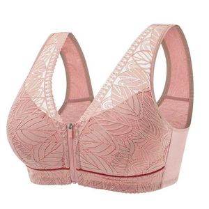 Bras Front zipper Soft cotton cups Bra breathable women wireless underwear lace strap tank leaves top plus size bra Y240426