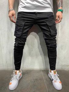 Jeans maschile autunno di alta qualità uomini multi tascabile pantaloni da carico casual neri hip hop slim fit denim matita q240427