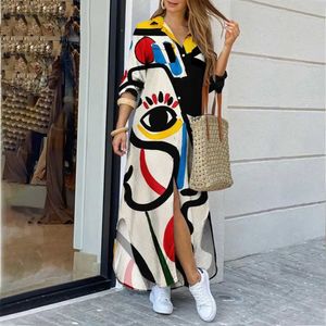 Basic Casual Dresses 2024 Women Maxi Shirt Dress Long Slve Button Abstract Graffiti Print Long Slve Elegant Lapel Holiday Beach Dresses Robes Y240429