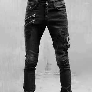Męskie dżinsy męskie Dekoracja zamka o wysokiej talii moda dżins zryta chuda jakość dżinsów spodni motocyklowy spodni motocyklowy