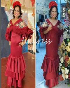 Vintage Flamenco Evening Dresses Mexican Theme 2024 Dark Red Shawl Cap Sleeve Spanish Prom Dress Tassel V Neck Mermaid Formal Engagement Party Gowns Robe Mariage