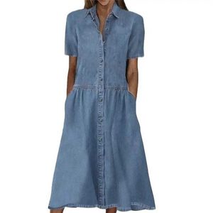 Basic Casual Dresses Summer Wide Elastic Waist Women Dresses Lapel Single-breasted Cardigan Denim Dress Female Comfortable Casual Loose Thin Gown New Y240429