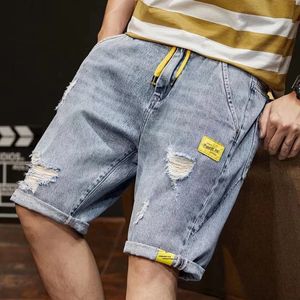 Mens Loose Five-piece Denim Shorts Trousers Casual Elastic Waist Hole Stretch Korean Fashion Denim Short Pants 240428