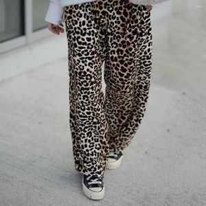 Calça feminina de cintura elástica de leopardo perna larga para mulheres de arranha-céus