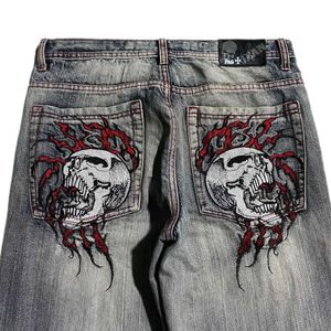 Women's Jeans Strtwear New Skull Embroidered Baggy Y2K Gothic Trend Mens Casual Strt Hip Hop High Waist Wide Leg Straight Pants H240429