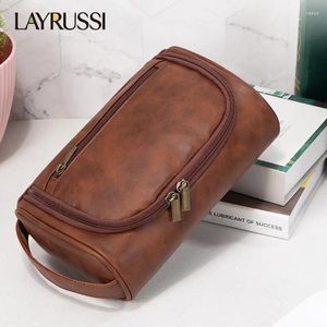 Storage Bags LAYRUSSI PU Leather Travel Toiletry Bag For Women Men Retro Cosmetic Female Waterproof Makeup Organiser